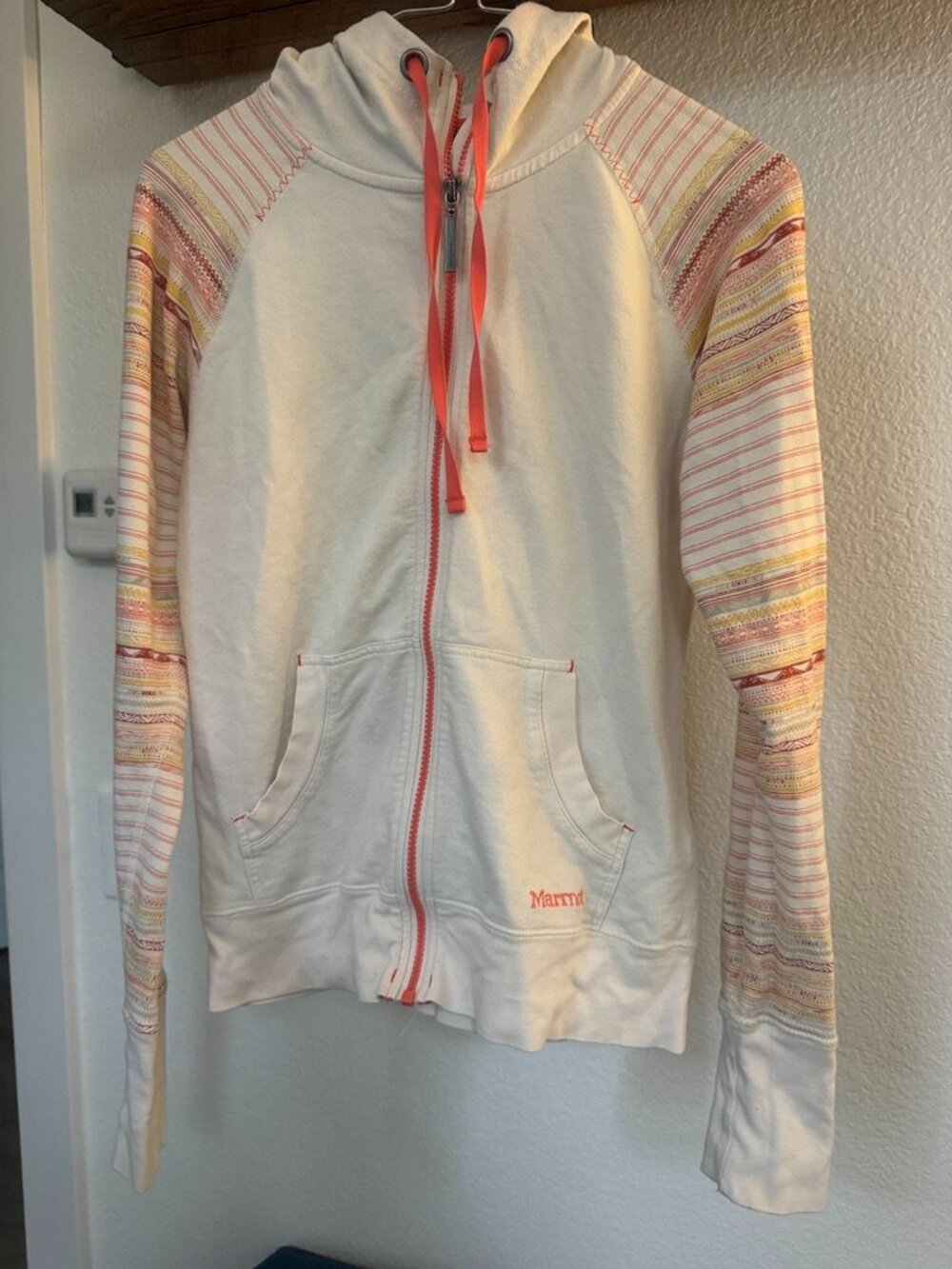 Marmot Cream Zip Up Hoodie Coral Aztec Stripe Sleeves Sz S